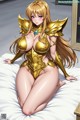 A woman in a gold outfit sitting on a bed.