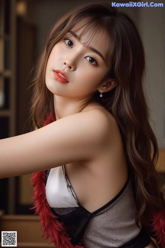 A woman with long brown hair wearing a black and white top.